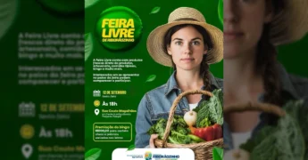 Feira Livre de Ribeirãozinho, imagem com mulher segurando cesta de vegetais e informações do evento. Créditos: Prefeitura de Ribeirãozinho / Instagram