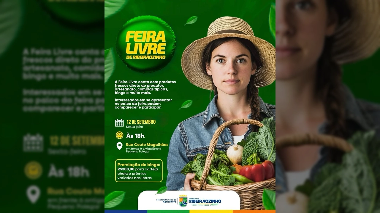 Feira Livre de Ribeirãozinho, imagem com mulher segurando cesta de vegetais e informações do evento. Créditos: Prefeitura de Ribeirãozinho / Instagram