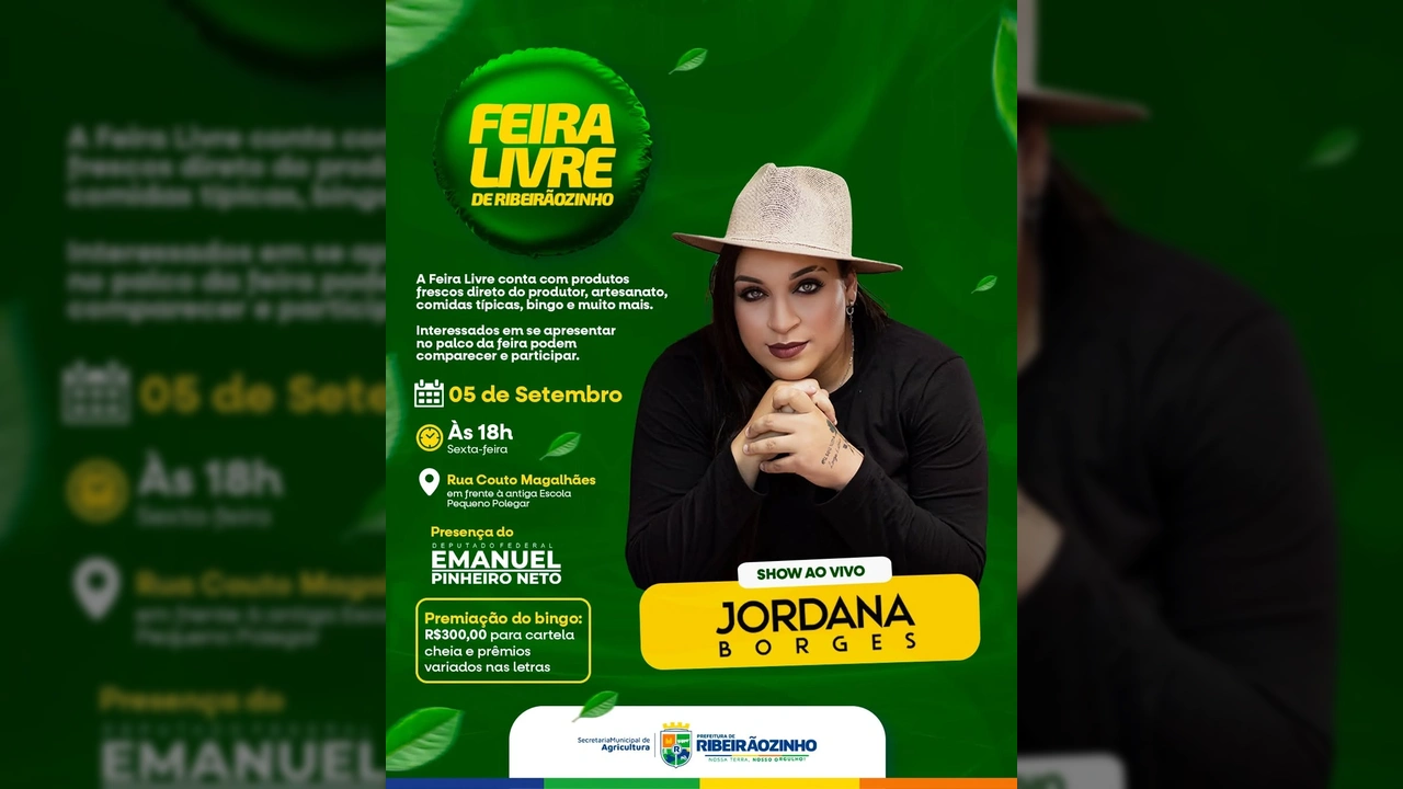 Banner da Feira Livre de Ribeirãozinho com a cantora Jordana Borges e informações do evento, divulgado pela Prefeitura de Ribeirãozinho no Instagram.