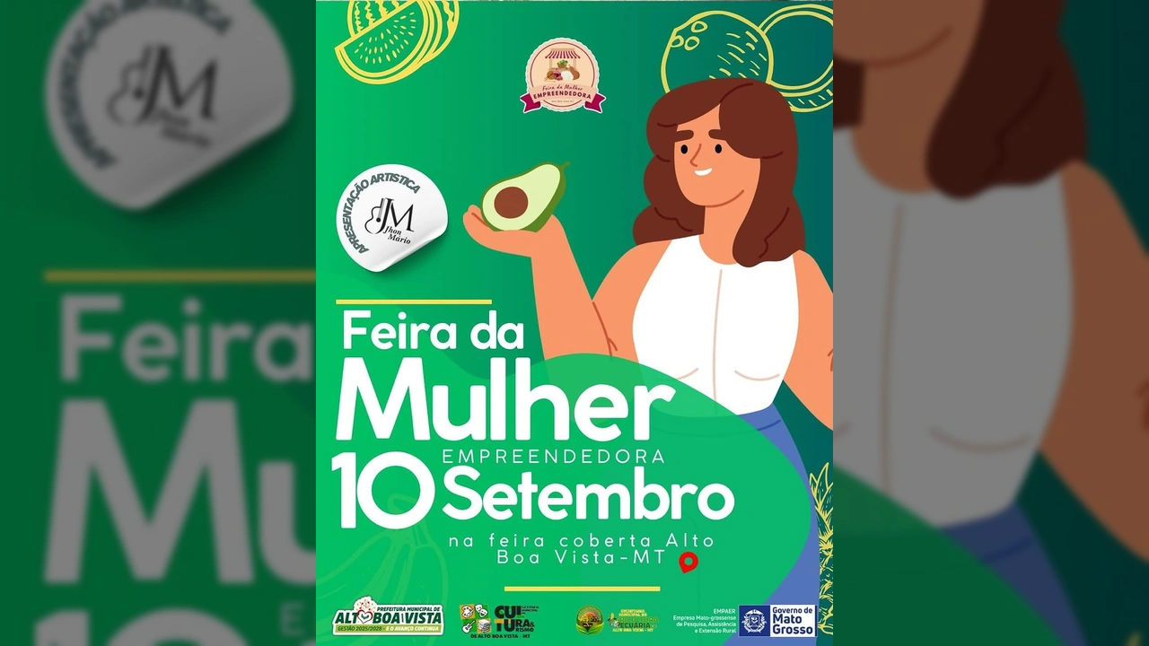 Mulher segurando um abacate em ilustração, representando a Feira da Mulher Empreendedora de Alto Boa Vista. Créditos: Prefeitura de Alto Boa Vista / Instagram