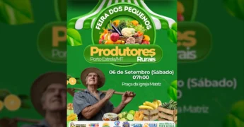 Feira de produtores rurais em Porto Estrela, MT, com agricultor sorridente e produtos frescos, crédito Prefeitura de Porto Estrela-MT / Instagram