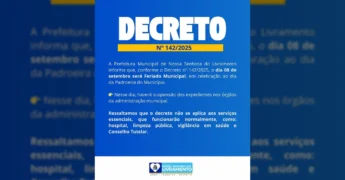 Imagem do decreto oficial informando sobre o feriado de 08 de setembro em Nossa Senhora do Livramento. Créditos: Prefeitura de Livramento / Instagram