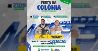 Banner de divulgação da Festa da Colônia em Ribeirãozinho, com artistas Nyllo Alves e Tiago e Seus Teclados, e menção a R$5.000 em prêmios. Créditos: @prefeituraderbz