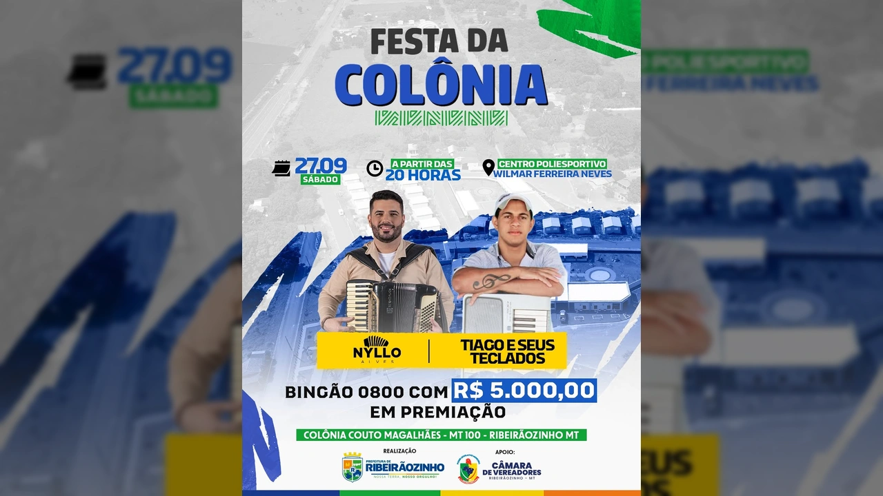 Banner de divulgação da Festa da Colônia em Ribeirãozinho, com artistas Nyllo Alves e Tiago e Seus Teclados, e menção a R$5.000 em prêmios. Créditos: @prefeituraderbz