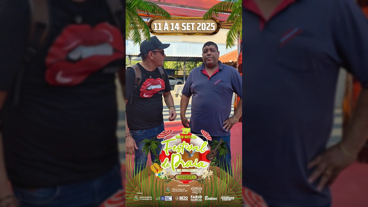 Dois homens em frente a uma estrutura de barracas, um deles o Secretário de Administração Itamar, discutindo os preparativos para o Festival de Praia de Araguainha. Crédito: festivalaraguainha / Instagram.