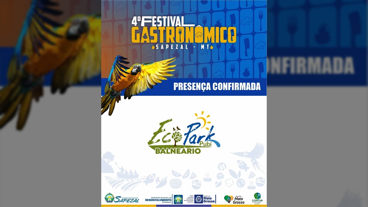 Imagem de divulgação do 4º Festival Gastronômico de Sapezal com um papagaio colorido e o logo do Eco Park Pubi, crédito a festival_gastronomico_sapezal no Instagram.