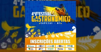 Banner promocional do 4º Festival Gastronômico de Sapezal com imagem de uma arara e ícones de comida, anunciando inscrições abertas. Créditos: Prefeitura de Sapezal / Instagram.