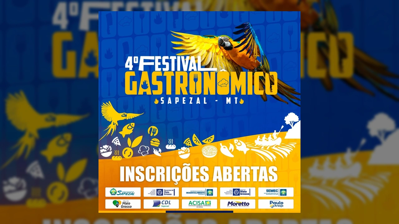 Banner promocional do 4º Festival Gastronômico de Sapezal com imagem de uma arara e ícones de comida, anunciando inscrições abertas. Créditos: Prefeitura de Sapezal / Instagram.