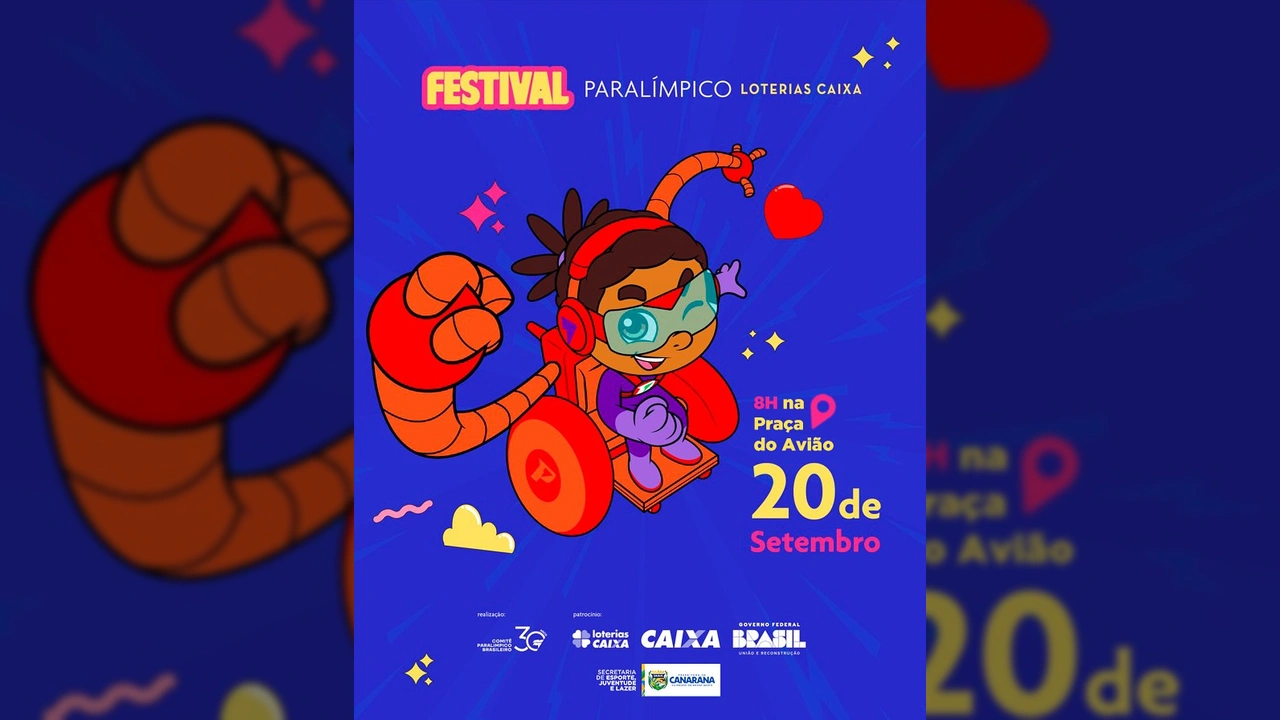 Imagem do Festival Paralímpico Loterias Caixa em Canarana, com personagem robótico celebrando esporte e inclusão. Créditos: prefcanaranamt / Instagram