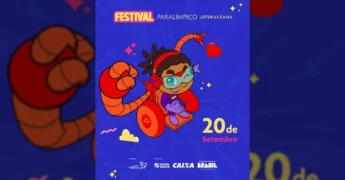Personagem em cadeira de rodas adaptada para esporte, símbolo do Festival Paralímpico Loterias Caixa em Gaúcha do Norte. Crédito: Prefeitura de Gaúcha do Norte.