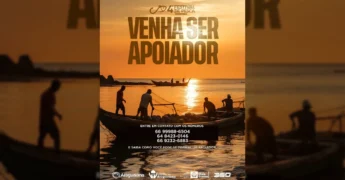 Foto do pôr do sol no Rio Araguaia com pescadores em barcos, ilustrando o convite para apoiar o 4º Festival de Pesca de Araguaiana 2025. Créditos: @festivalaraguaiana2025 no Instagram.
