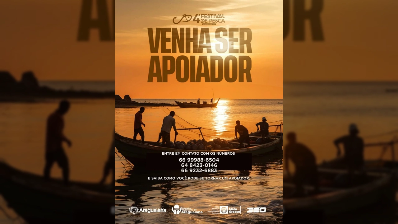 Foto do pôr do sol no Rio Araguaia com pescadores em barcos, ilustrando o convite para apoiar o 4º Festival de Pesca de Araguaiana 2025. Créditos: @festivalaraguaiana2025 no Instagram.