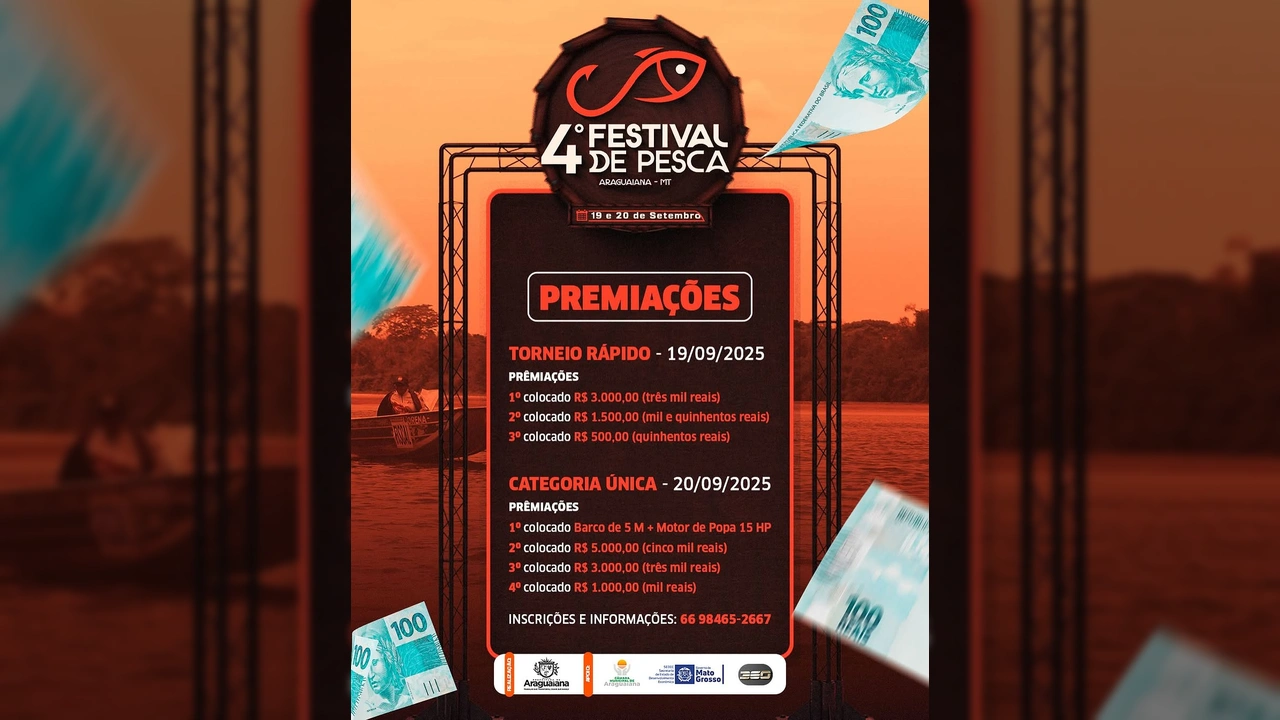 Banner do 4º Festival de Pesca de Araguaiana-MT, mostrando a logo do evento, datas e detalhes das premiações com notas de dinheiro e barco. Créditos: fespamt2025 / Instagram.