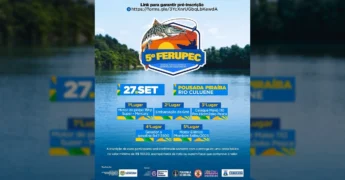 Banner do 5º FERUPEC com peixe, pescador e logotipo do festival. Crédito: Prefeitura de Canarana - MT / Instagram
