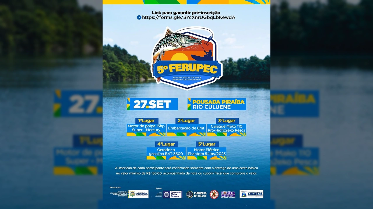 Banner do 5º FERUPEC com peixe, pescador e logotipo do festival. Crédito: Prefeitura de Canarana - MT / Instagram