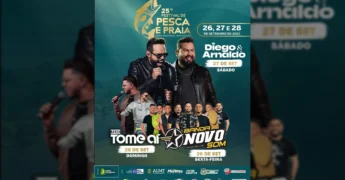 Cartaz do 25º Festival de Pesca e Praia de Porto Esperidião, com imagens das duplas Diego & Arnaldo, Banda Novo Som e Banda Tome Aí, datas do evento e logo de patrocinadores. Créditos: Prefeitura Municipal de Porto Esperidião / Instagram