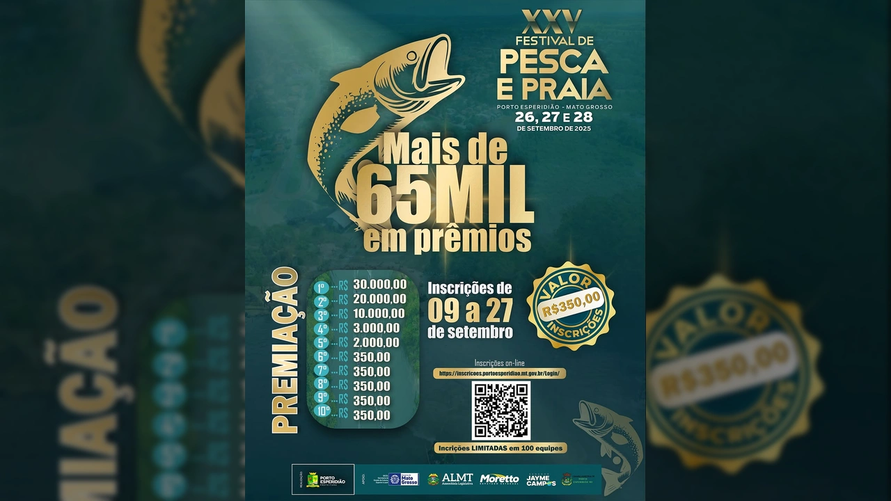 Imagem promocional do XXV Festival de Pesca e Praia em Porto Esperidião, Mato Grosso, mostrando um peixe dourado e detalhes do evento. Créditos: Prefeitura Municipal de Porto Esperidião / Instagram