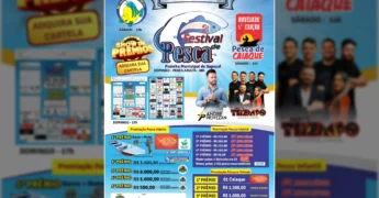 Cartaz detalhado do Festival de Pesca de Sapezal 2024, com informações sobre premiações, artistas e organizadores, créditos ao Lions Clube de Sapezal / Instagram.