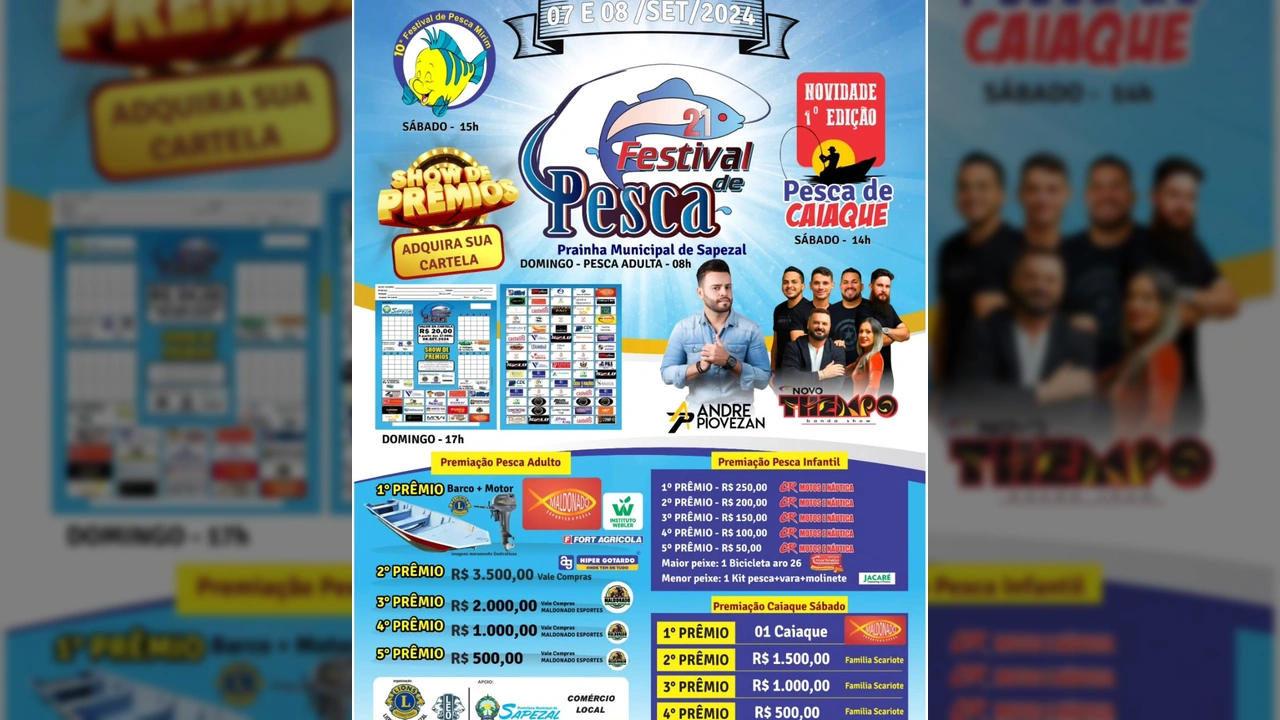 Cartaz detalhado do Festival de Pesca de Sapezal 2024, com informações sobre premiações, artistas e organizadores, créditos ao Lions Clube de Sapezal / Instagram.