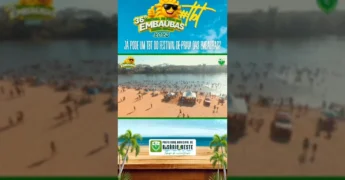 Vista aérea do Festival de Praia das Embaúbas 2025 em Rosário Oeste, com pessoas na água e na areia. Créditos: Prefeitura de Rosário Oeste / Instagram.
