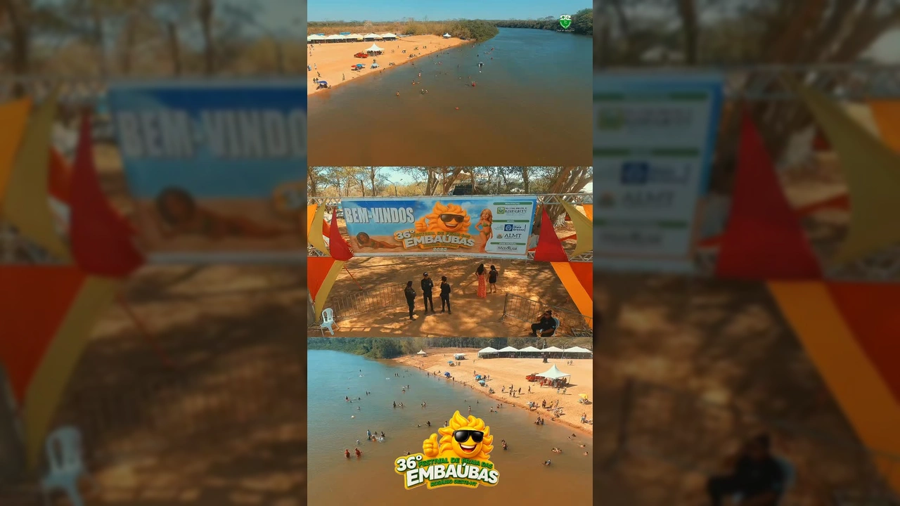Imagens aéreas e detalhes do segundo dia do 36º Festival de Praia das Embaúbas em Rosário Oeste. Créditos: prefeituraderosariooeste / Instagram