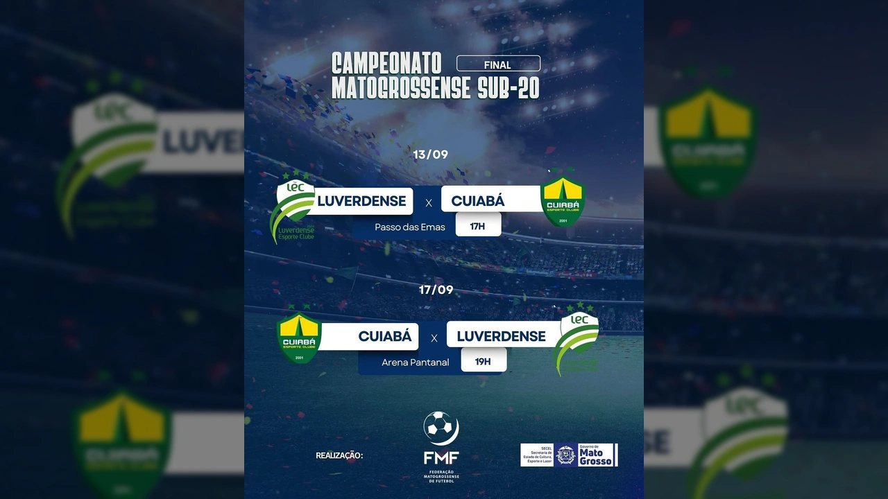 Imagem promocional da final do Campeonato Mato-grossense Sub-20, destacando os logos de Cuiabá e Luverdense, datas e locais dos jogos. Crédito: fmfmt_oficial / Instagram.