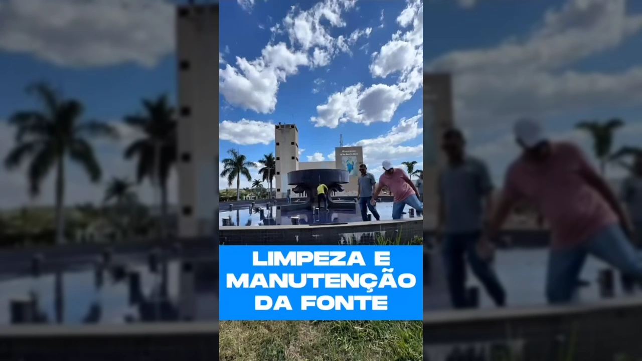 Equipe realizando manutenção em fonte de praça em Alto Araguaia, mostrando água sendo limpa e estrutura danificada, com créditos à Prefeitura de Alto Araguaia - MT / Instagram.
