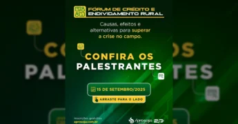 Banner do Fórum de Crédito e Endividamento Rural da Aprosoja MT em Cuiabá, com informações sobre a data, local e tema central. Créditos: Aprosoja MT / Instagram.