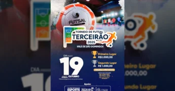 Imagem de bola de futsal com detalhes do Torneio Terceirão 2025 em Vale de São Domingos, divulgada pela Prefeitura Municipal de Vale de São Domingos no Instagram.