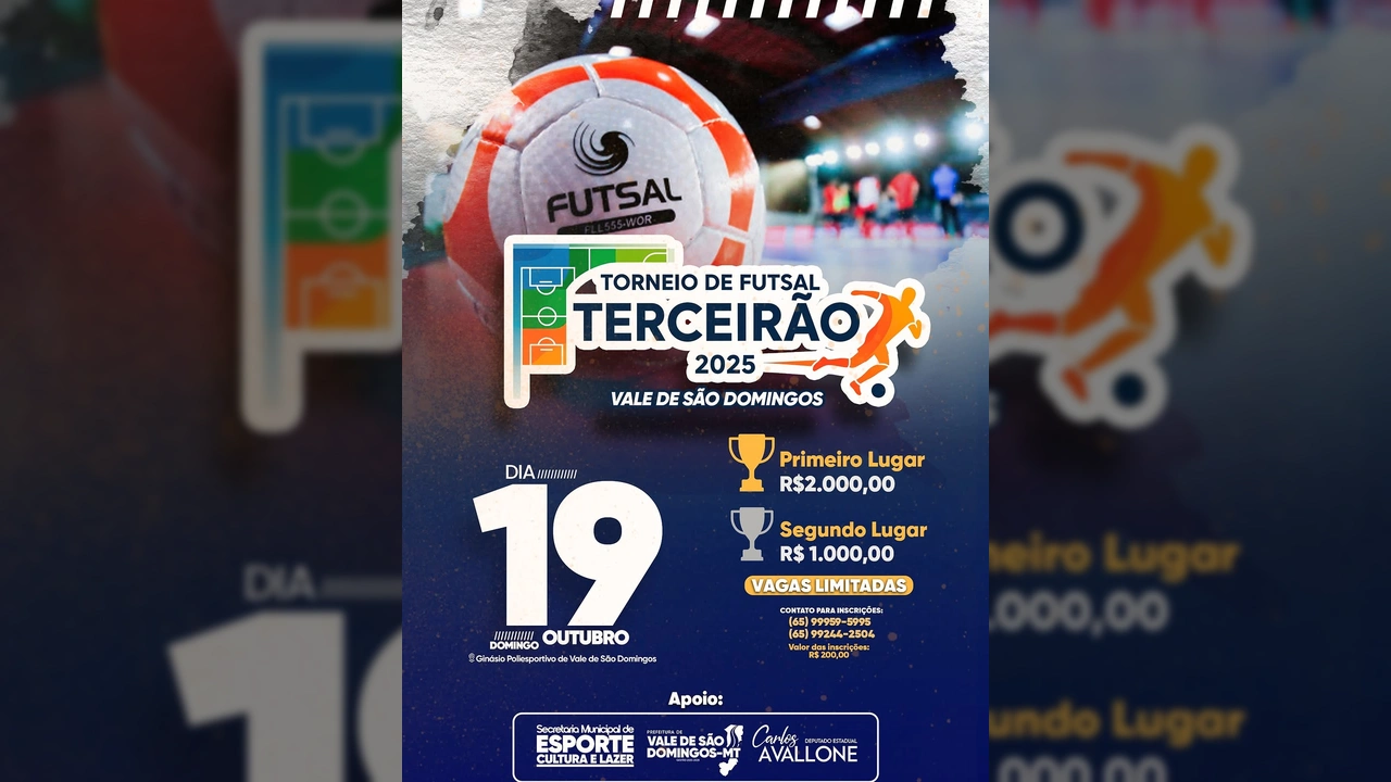 Imagem de bola de futsal com detalhes do Torneio Terceirão 2025 em Vale de São Domingos, divulgada pela Prefeitura Municipal de Vale de São Domingos no Instagram.