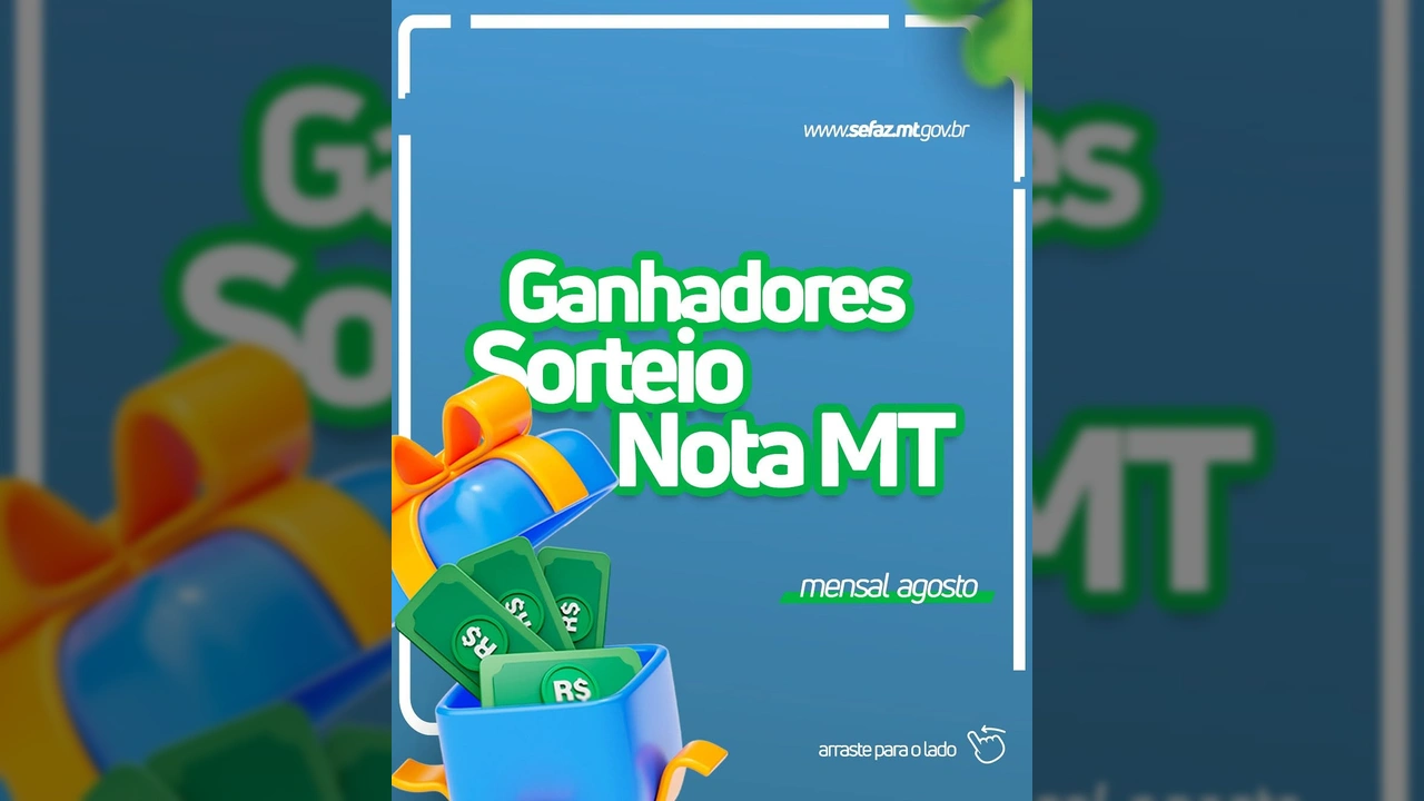 Anúncio dos ganhadores do Sorteio Nota MT de agosto, com caixas de presente e dinheiro, da Sefaz Mato Grosso / Instagram