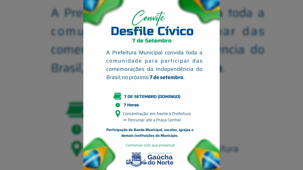 Convite digital para o Desfile Cívico de 7 de Setembro em Gaúcha do Norte, com detalhes do evento. Créditos: Prefeitura de Gaúcha do Norte / Instagram.