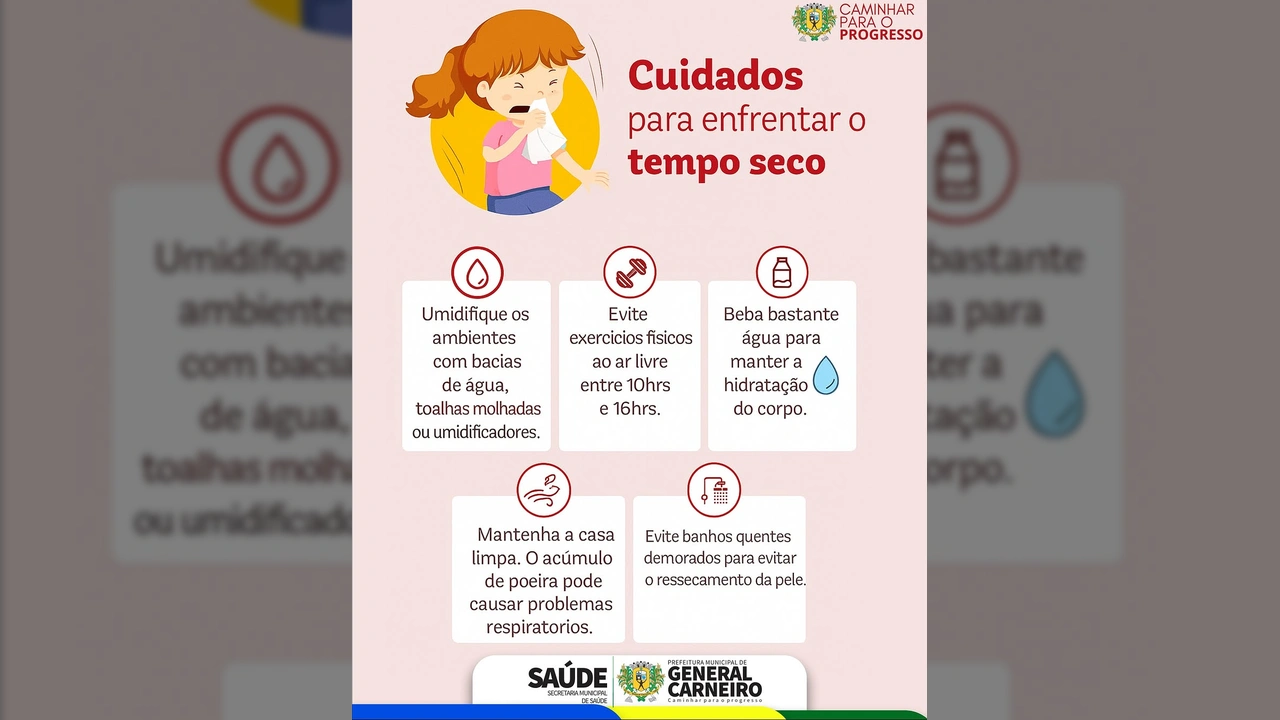 Ilustração de uma criança com tosse e dicas de saúde para tempo seco da Prefeitura de General Carneiro / Instagram @prefeitura_de_general