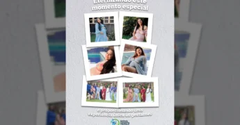 Grupo de gestantes sorrindo em ensaio fotográfico ao ar livre, promovido pela Prefeitura de Nova Monte Verde