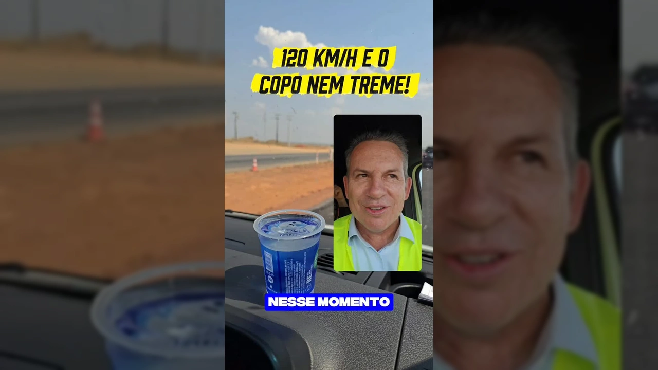 Imagem do Governador Mauro Mendes em veículo mostrando copo d'água estável no painel em rodovia recém-duplicada na BR-163. Créditos: mauromendesoficial / Instagram
