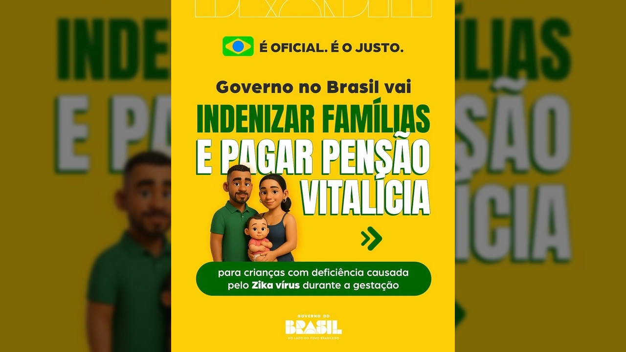 Ilustração de família com criança e detalhes sobre a indenização do Zika vírus. Créditos: @bolsafamilia_informacoes / Instagram