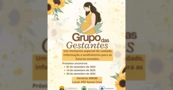 Ilustração de uma mulher grávida com flores de girassol ao fundo, anunciando o Grupo das Gestantes em Santa Cruz do Xingu. Crédito: Prefeitura Municipal de Santa Cruz do Xingu / Instagram.