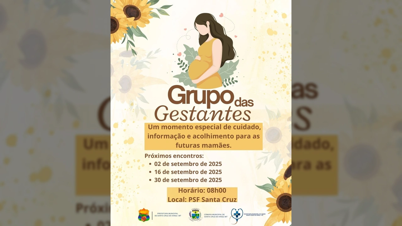 Ilustração de uma mulher grávida com flores de girassol ao fundo, anunciando o Grupo das Gestantes em Santa Cruz do Xingu. Crédito: Prefeitura Municipal de Santa Cruz do Xingu / Instagram.