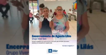 Idosos do Grupo Viver Bem pintam as mãos para faixa do Agosto Lilás em Planalto da Serra. Créditos: Planalto Da Serra / Instagram