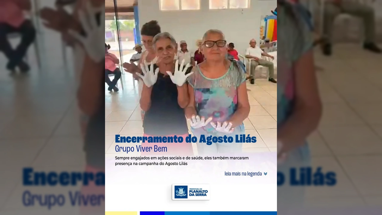 Idosos do Grupo Viver Bem pintam as mãos para faixa do Agosto Lilás em Planalto da Serra. Créditos: Planalto Da Serra / Instagram