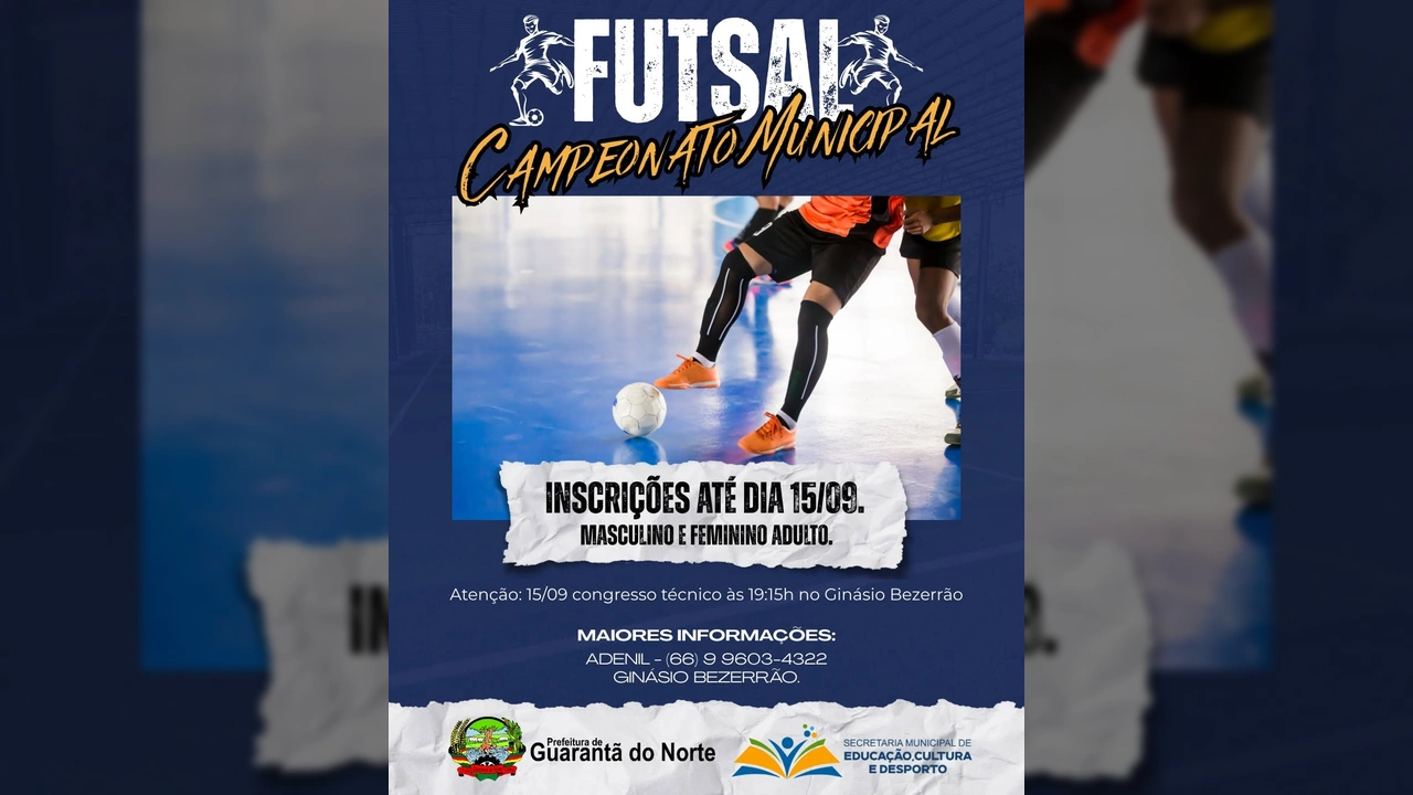 Imagem promocional dos campeonatos municipais de Futsal, Basquete, Handebol e Vôlei em Guarantã do Norte. Crédito: Prefeitura Municipal de Guarantã do Norte / Instagram.