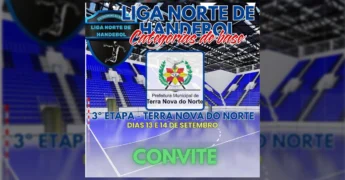 Foto da quadra de handebol pronta para a 3ª etapa da Liga Norte em Terra Nova do Norte, com créditos a terranovadonorte / Instagram.