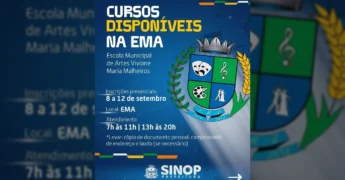 Imagem promocional dos cursos disponíveis na Escola Municipal de Artes de Sinop, com informações de inscrição e logo da Prefeitura de Sinop. Créditos: Prefeitura de Sinop / Instagram.
