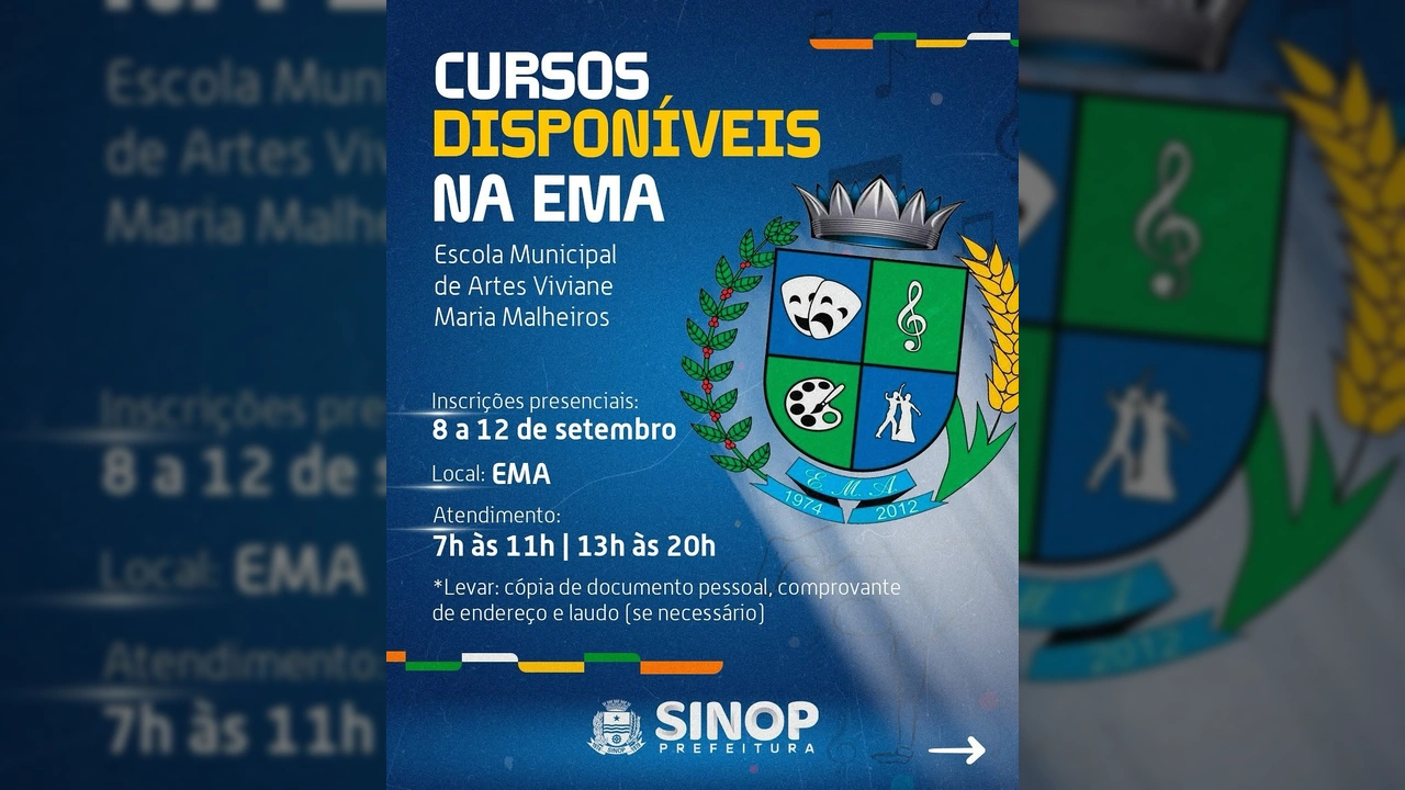 Imagem promocional dos cursos disponíveis na Escola Municipal de Artes de Sinop, com informações de inscrição e logo da Prefeitura de Sinop. Créditos: Prefeitura de Sinop / Instagram.