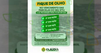 Imagem da campanha IPTU em dia da Prefeitura de Cláudia, com informações sobre prazos e sorteios. Créditos: Prefeitura de Cláudia / Instagram