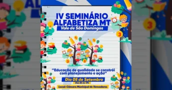 Banner colorido do IV Seminário Alfabetiza MT, ilustrando crianças lendo livros e elementos de criatividade e aprendizado. Crédito: Prefeitura Municipal de Vale de São Domingos / Instagram.