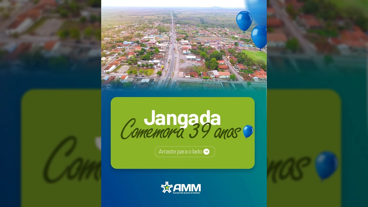 Vista aérea da cidade de Jangada, Mato Grosso, com a principal avenida e balões azuis, em comemoração aos seus 39 anos. Créditos: AMM.