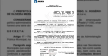 Imagem do decreto nº 013 de 2025 da Prefeitura de Jangada anunciando ponto facultativo para aniversário e Festival do Pastel. Crédito: prefjangadamt