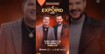 Imagem da dupla sertaneja João Neto & Frederico durante apresentação no palco da ExpoInd 2025. Crédito: prefeituradeindiavai / Instagram