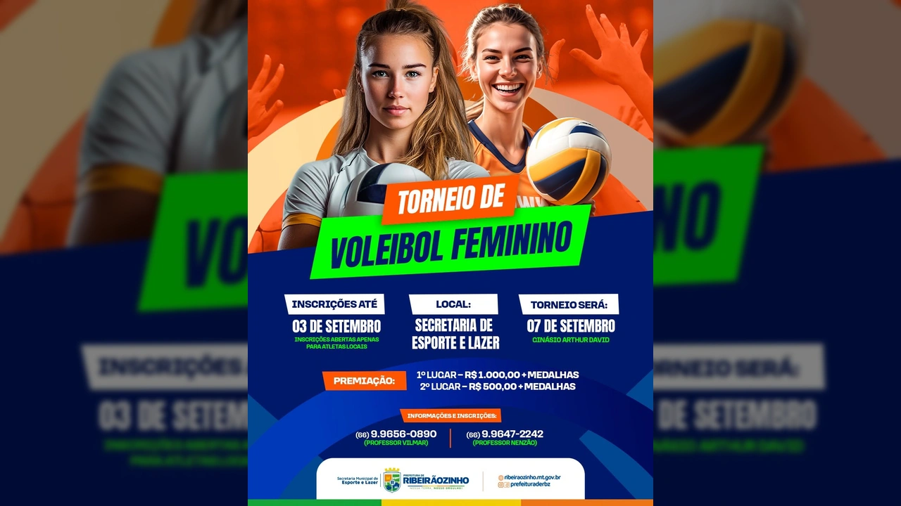 Duas jogadoras de voleibol femininas com uma bola, anunciando o torneio em Ribeirãozinho. Créditos: Prefeitura de Ribeirãozinho / Instagram.